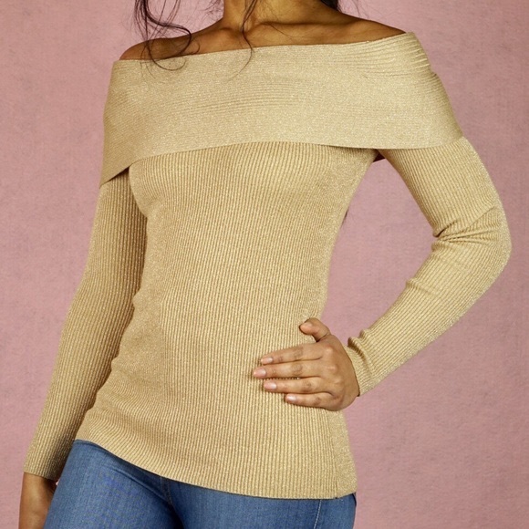 INC International Concepts Tops - INC Metallic Gold Ribbed Off The Shoulders Sweater